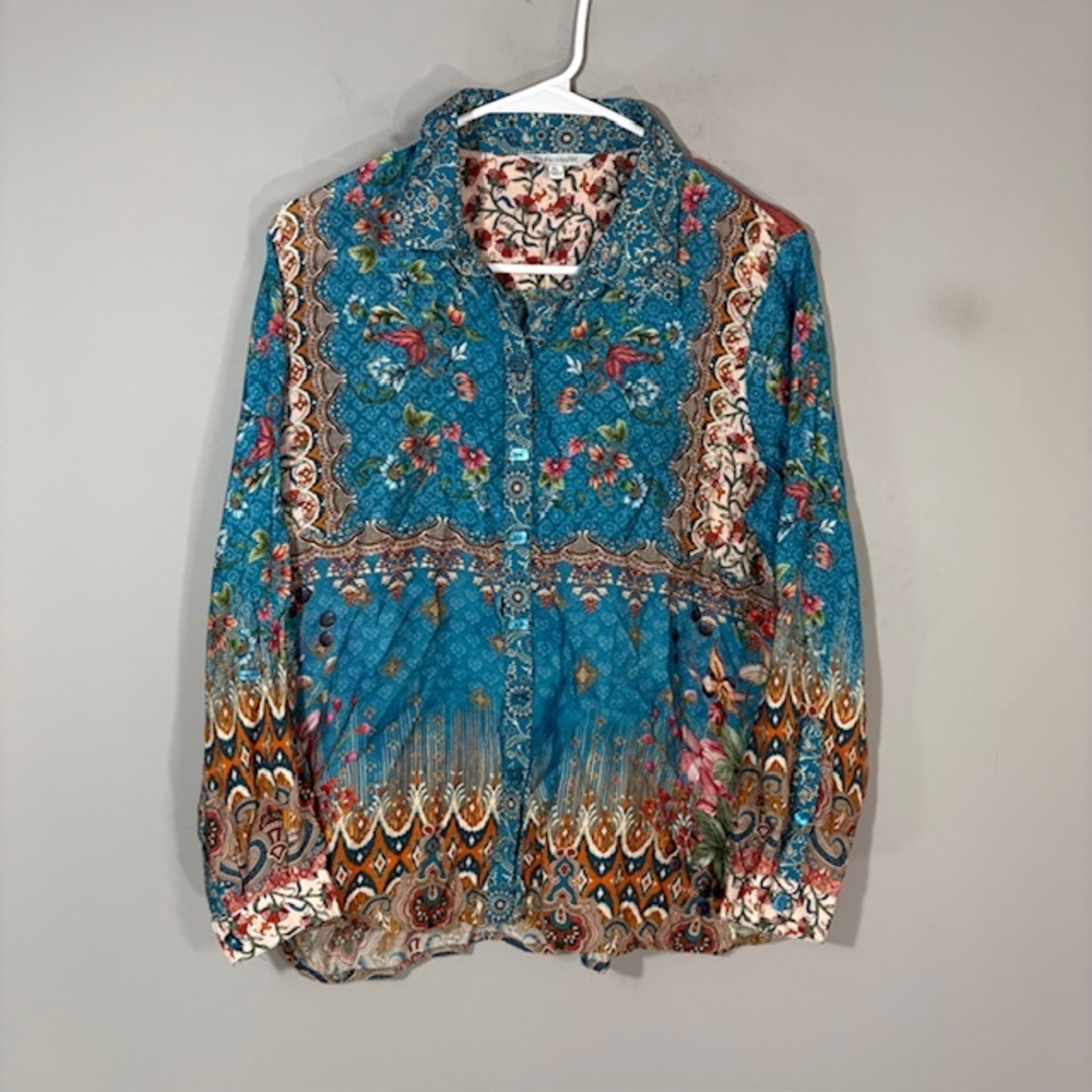 John Mark Blouse Womens Petites Large Multicolor Floral Boho Button Tunic Top